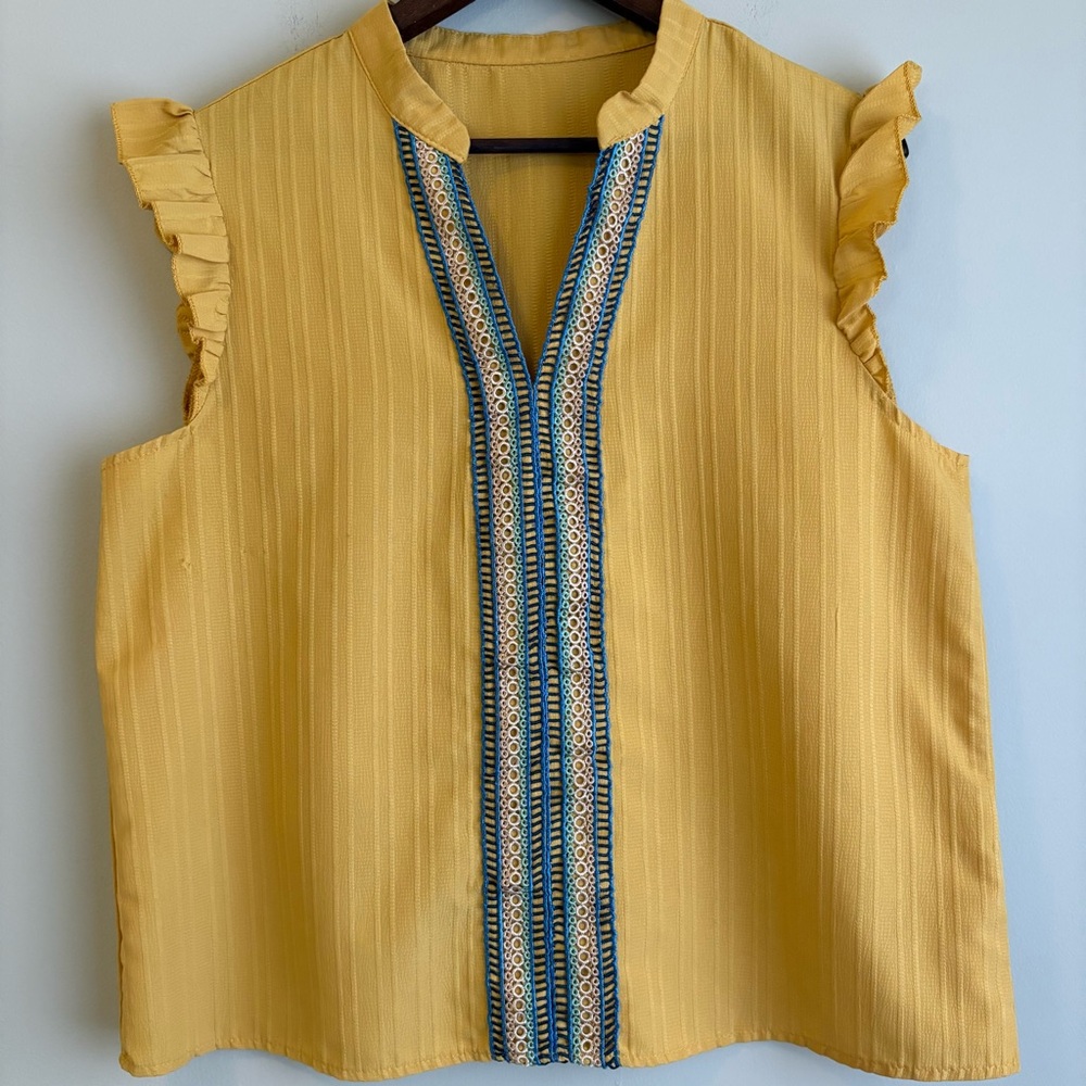 Boho Mustard Yellow Embroidered Sleeveless Top Ruffle Trim